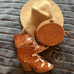 Cut Out Laced Up, zipper back, Block Heel Sandals (Worn once)